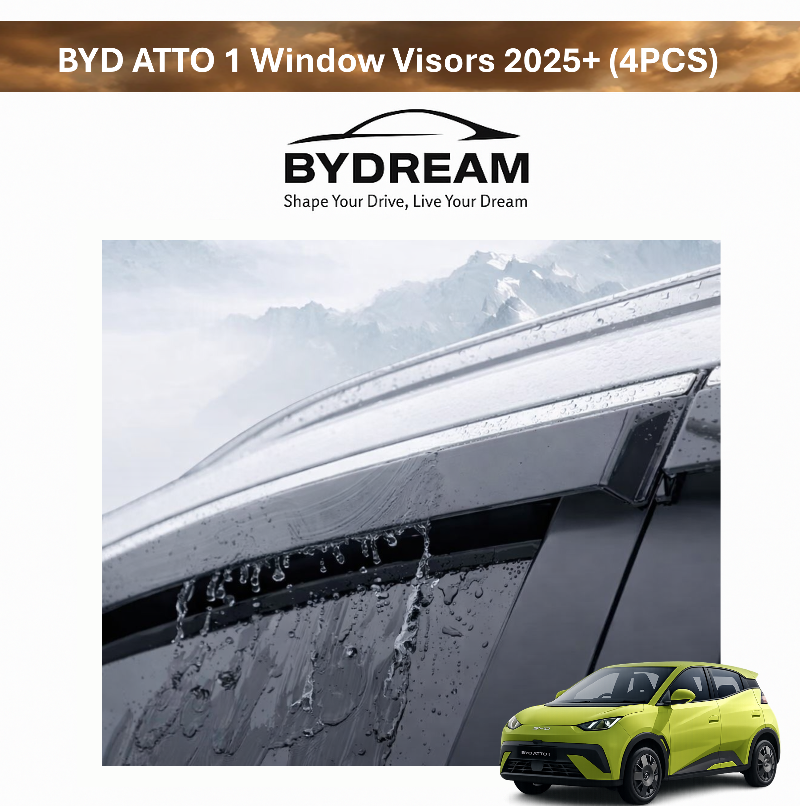 BYD ATTO 1 Window Visors 2025+ (4PCS) — dark tinted rain guards / wind deflectors for better ventilation in wet weather