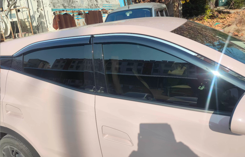 BYD ATTO 1 window visors installed — side view showing dark tinted rain guards / wind deflectors on the windows for a clean OEM-style fit