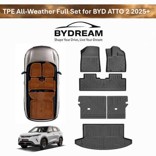 BYD ATTO 2 2025+ TPE all-weather full set mats — custom-fit floor mats, boot (trunk) mat and rear seat back protector, complete interior protection