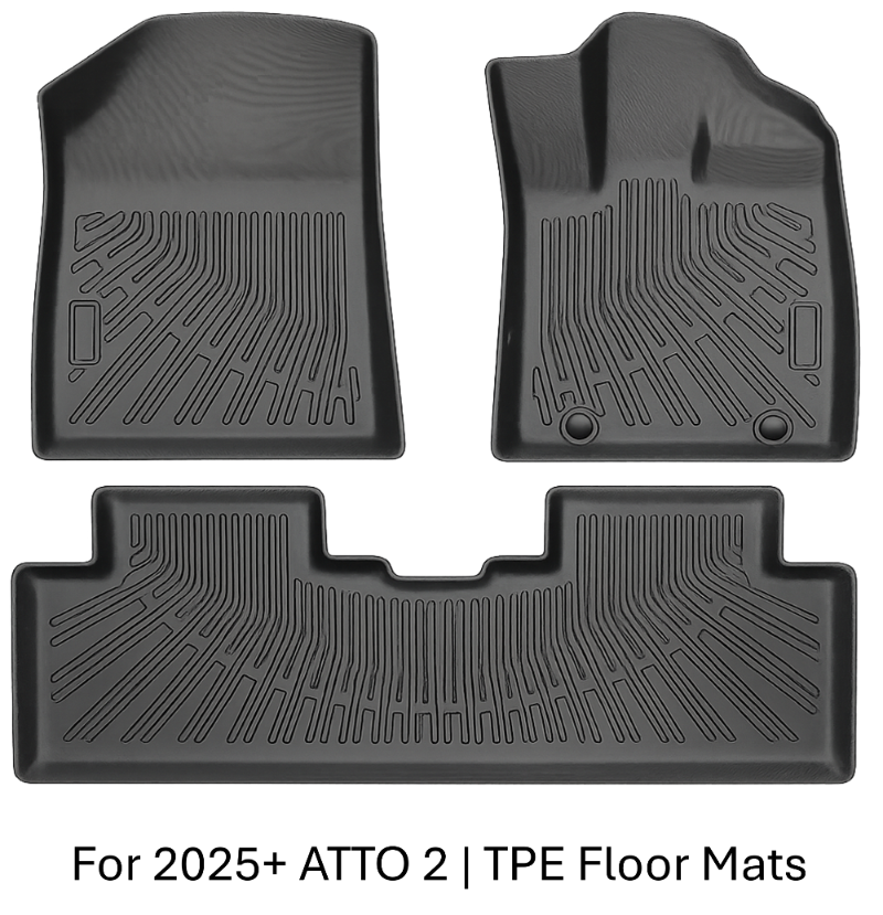 BYD ATTO 2 2025+ TPE floor mats set — custom-fit front mats and one-piece rear mat, 3D all-weather floor liners for full coverage protection