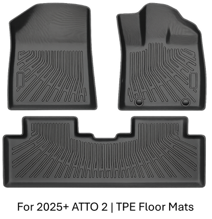 BYD ATTO 2 2025+ TPE floor mats set — custom-fit front mats and one-piece rear mat, 3D all-weather floor liners for full coverage protection