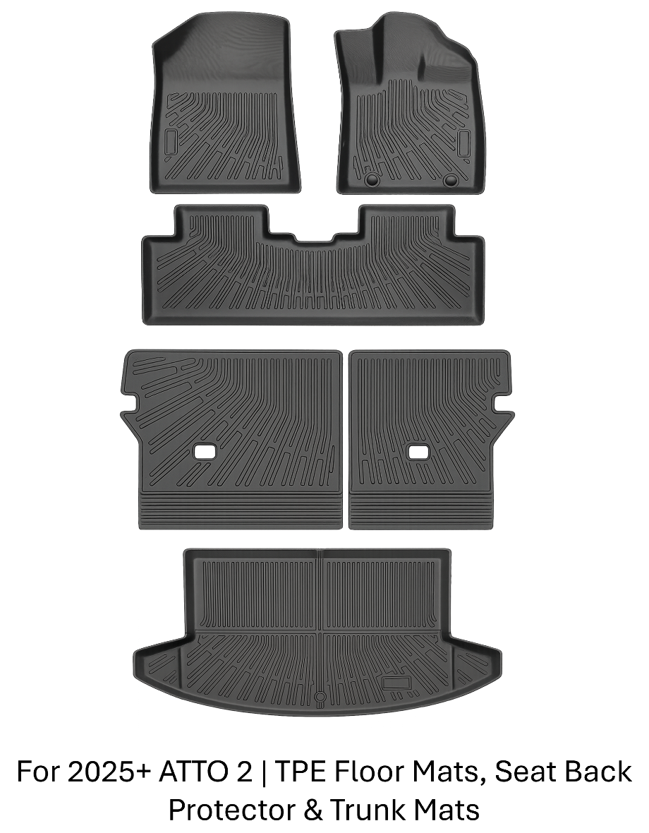 BYD ATTO 2 2025+ TPE full set — custom-fit all-weather floor mats (front + rear), boot/trunk liner and rear seat back protector for complete interior and cargo protection