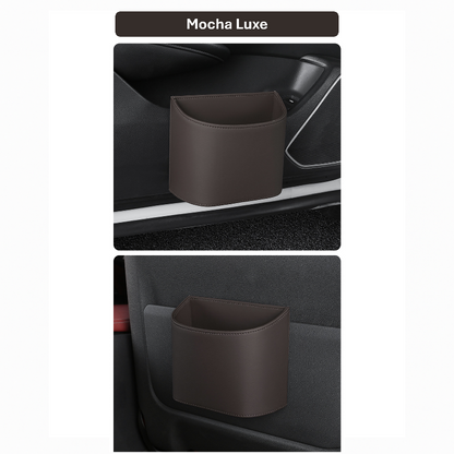 Mocha Luxe leather car trash bin installed on BYD car door panel and back seat