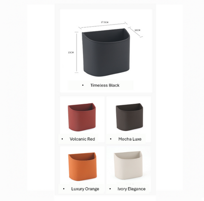 BYDREAM leather car trash bin in 5 colors with dimensions: Timeless Black, Volcanic Red, Mocha Luxe, Luxury Orange, and Ivory Elegance