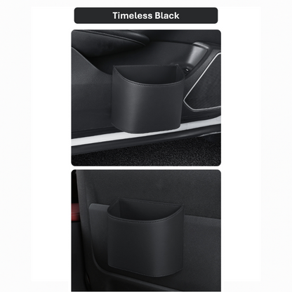 Timeless Black leather car trash bin installed on BYD car door panel and seat back