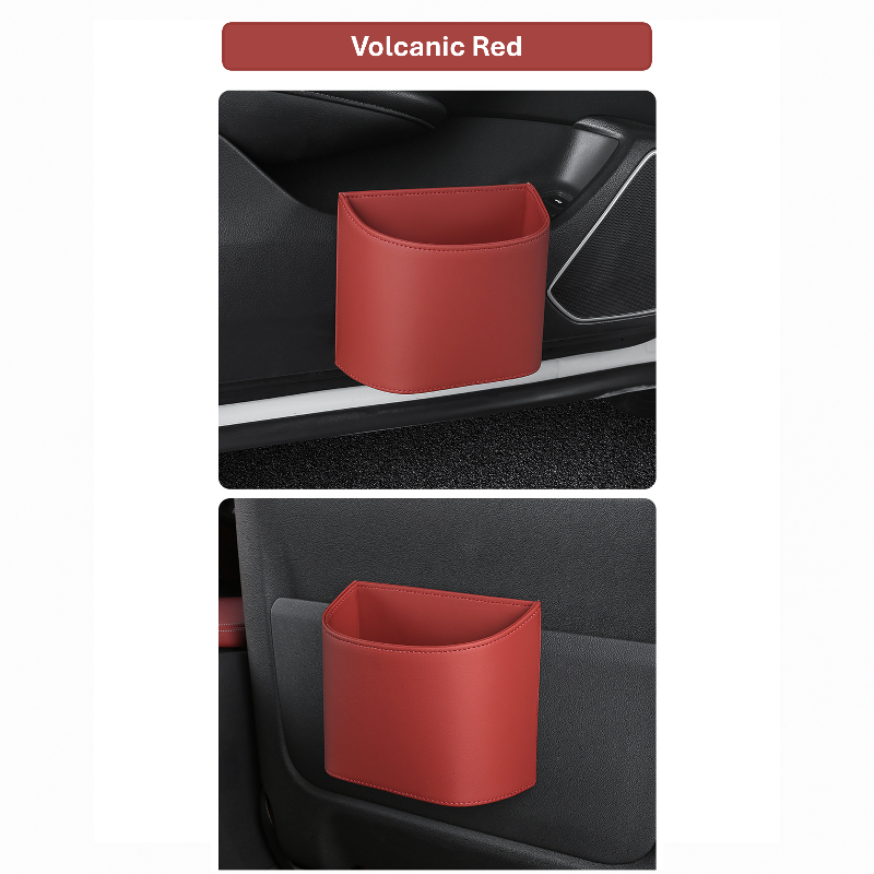 Volcanic Red leather trash bin for BYD EV cars, shown on door and seat area