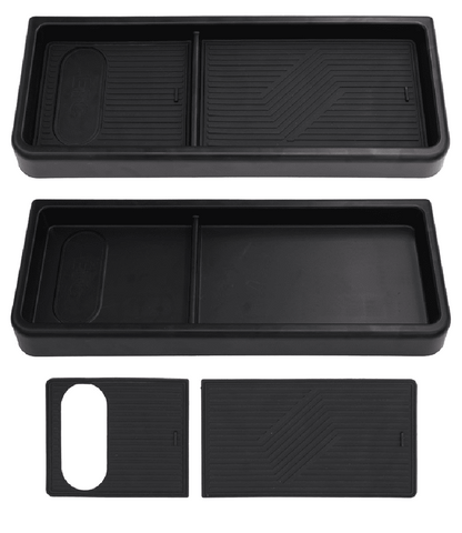 Exploded view of BYD Sealion 7 dashboard tray organizer showing detachable dual-layer rubber mats and inner compartments.
