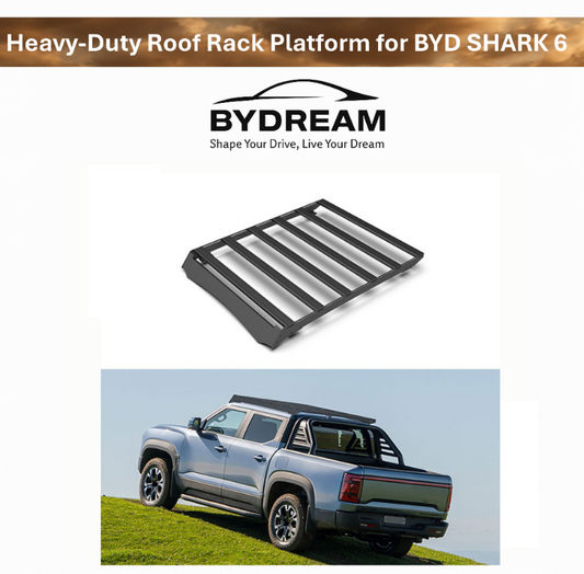 Heavy-duty roof rack platform for BYD Shark 6, built with aluminum crossbars and steel side brackets – ideal for outdoor, overlanding, and utility use. Designed by BYDREAM Australia.