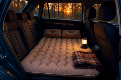 Brown inflatable car mattress for BYD models, installed in rear seat, ideal for car camping, long trips, and cozy overnight stays.