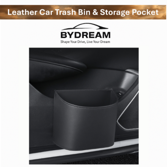Black PU leather car trash bin installed on BYD vehicle door panel – compact storage pocket for receipts, tissues, and small essentials