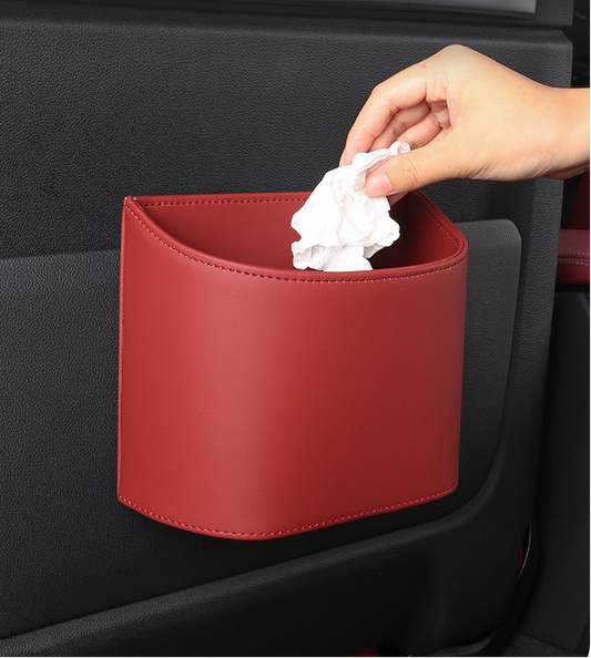 Red PU leather car trash bin mounted on door panel, suitable for BYD EV models