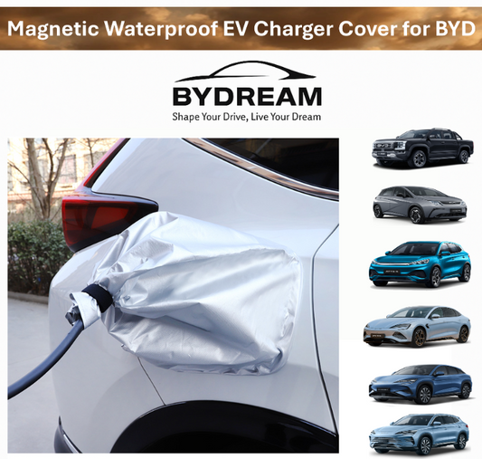 Magnetic waterproof EV charger cover designed for BYD Seal, Shark, Atto 3, Dolphin, and Sealion models – protective charging accessory by BYDREAM.