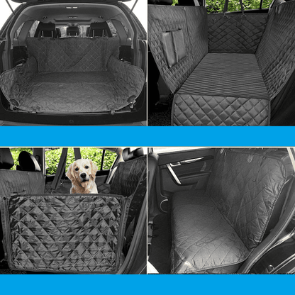 Four installation views of BYD dog car seat cover hammock for SUV and sedan, showing full coverage, rear trunk fit, bench setup, and mesh barrier for dogs
