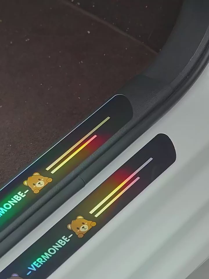 BYD car door sill sticker installation and finish demo – iridescent threshold guard with cartoon design
