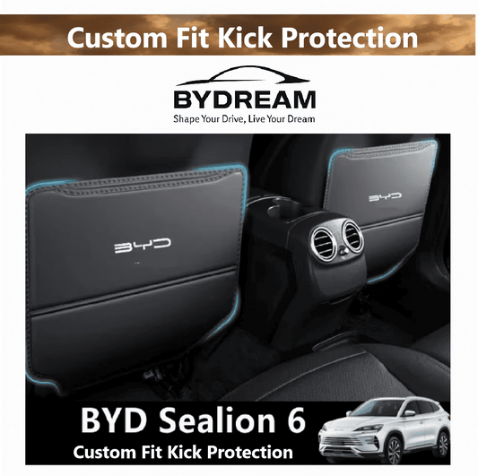 Custom fit kick protector mats for BYD Sealion 6, installed on both front seat backs

