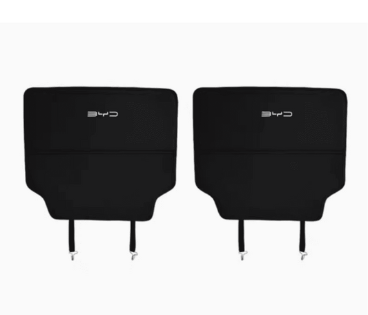 Pair of BYD Sealion 6 kick protection pads with adjustable straps for front seat back installation

