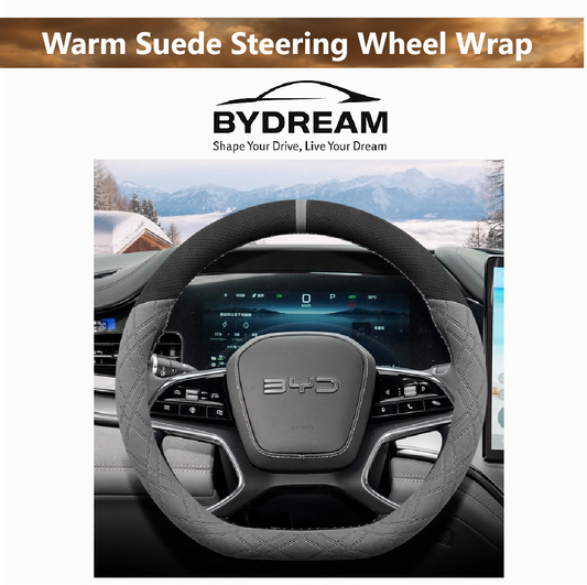 Warm suede steering wheel cover for BYD vehicles – non-slip, universal fit, winter-ready, stylish interior accessory