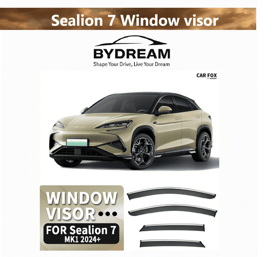 Smoke-tinted 4-piece window visor rain guard set for BYD Sealion 7 (2024+), shown with car installation view and product layout.